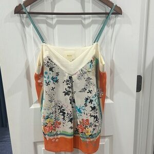 Maeve Cream, Black and Coral Patterned Silk Top